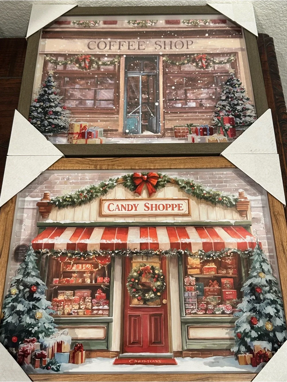 SET OF 2! Winter Coffee Shop & Christmas Candy Shop Shadow Box Wall Art Pictures